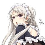  1girl alternate_costume artist_name black_dress blush brown_eyes conte_di_cavour_(kancolle) dress enmaided kantai_collection long_hair looking_back maid maid_headdress open_mouth puffy_short_sleeves puffy_sleeves short_sleeves signature silver_hair simple_background solo tk8d32 upper_body white_background 