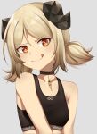  1girl :q arknights bangs bare_shoulders black_choker blonde_hair breasts choker commentary crop_top eyebrows_visible_through_hair grey_background head_tilt highres horns ifrit_(arknights) looking_at_viewer low_twintails orange_eyes rei_(riyanrei3) short_hair simple_background small_breasts smile solo sports_bra tongue tongue_out twintails upper_body 