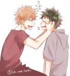  2boys bakugou_katsuki black_shirt blonde_hair boku_no_hero_academia cheek_pinching closed_eyes freckles green_hair hood hood_down looking_at_another male_focus midoriya_izuku multiple_boys open_mouth pinching red_eyes shirt simple_background spiky_hair sweatdrop teeth twitter_username ume_(326310) white_background 