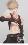  1boy abs bakugou_katsuki blonde_hair boku_no_hero_academia clothes_lift collarbone explosive green_belt grenade grey_background highres looking_at_viewer navel red_eyes scar scar_on_arm scar_on_stomach shirt_lift signature spiky_hair tank_top teeth toned toned_male tongue tongue_out unou_(unou_mha) 