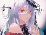  1girl arknights ascot bangs bare_shoulders black_ascot chinese_commentary commentary_request eyebrows_visible_through_hair hair_between_eyes highres long_hair looking_at_viewer no_hat no_headwear parted_lips portrait red_eyes shizuka_(shizuka622) silver_hair skadi_(arknights) skadi_the_corrupting_heart_(arknights) solo 
