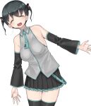  1girl bare_shoulders black_hair blush breasts closed_eyes cosplay detached_sleeves happy hatsune_miku hatsune_miku_(cosplay) leaning_to_the_side long_hair man_(man-room) necktie open_mouth original pleated_skirt shirt simple_background skirt smile solo thigh-highs twintails vocaloid white_background zettai_ryouiki 