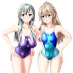  2girls absurdres blue_swimsuit clothes_writing competition_swimsuit cowboy_shot green_eyes hair_ornament hairclip hands_on_hips highres kantai_collection kumano_(kancolle) leaning_forward long_hair looking_at_viewer multicolored_clothes multicolored_swimsuit multiple_girls one-piece_swimsuit purple_swimsuit silver_hair simple_background suzuya_(kancolle) swimsuit takafumi umbrella white_background 