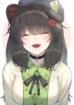  1girl :d absurdres animal_ears bangs black_bow black_bowtie black_choker black_hair black_headwear bow bowtie choker closed_eyes dog_ears facing_viewer floral_print flower green_shirt hair_flower hair_ornament hat highres inui_toko jacket long_hair long_sleeves nijisanji open_clothes open_jacket print_shirt rushian shirt simple_background smile solo virtual_youtuber white_jacket 