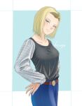  1girl absurdres android_18 belt black_shirt blonde_hair blue_background blue_eyes blue_pants brown_belt closed_mouth collarbone cowboy_shot dragon_ball dragon_ball_z hair_intakes hands_on_hips head_tilt highres hiragin_oekaki long_sleeves looking_at_viewer pants shirt short_hair smile solo standing striped_sleeves 