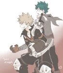  2boys ayata-haikyu bakugou_katsuki blonde_hair bodysuit boku_no_hero_academia english_text fighting_stance freckles gloves gradient gradient_background green_bodysuit green_hair knee_pads male_focus mask mask_removed midoriya_izuku multiple_boys open_mouth profile smile spiky_hair v-shaped_eyebrows white_gloves 