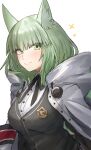  1girl animal_ear_fluff animal_ears arknights bangs black_ribbon black_vest blush breasts cape cat_ears closed_mouth eyebrows_visible_through_hair green_eyes green_hair harmonie_(arknights) highres long_hair long_sleeves looking_at_viewer medium_breasts neck_ribbon raw_egg_lent ribbon smile solo sparkle upper_body vest white_cape 