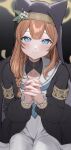  1girl animal_ears bangs blue_eyes blush brown_hair closed_mouth eyebrows_visible_through_hair flower head_tilt highres holding_hands interlocked_fingers light_smile long_hair long_sleeves looking_at_viewer nun original own_hands_clasped own_hands_together sitting takio_(kani_sama) 