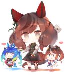  3girls animal_ears black_dress black_legwear blue_eyes blue_hair blush blush_stickers bow bowtie brown_hair chibi closed_mouth dress ear_covers eyebrows_visible_through_hair full_body green_bow green_bowtie hair_between_eyes heart heterochromia horse_ears horse_girl horse_tail juliet_sleeves kotatu_(akaki01aoki00) letter long_hair long_sleeves medium_hair multicolored_hair multiple_girls nice_nature_(umamusume) open_mouth pantyhose ponytail puffy_sleeves redhead sharp_teeth shirt simple_background smile striped striped_bow striped_bowtie tail teeth tokai_teio_(umamusume) twin_turbo_(umamusume) twintails two-tone_hair umamusume violet_eyes white_background white_hair white_shirt yellow_eyes 