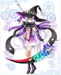  1girl boots breasts commentary_request fingerless_gloves full_body gauntlets gears gloves hat highres hilda_(stella_glow) looking_at_viewer navel scythe silver_hair small_breasts solo stella_glow thigh-highs tk8d32 weapon witch_hat yellow_eyes 