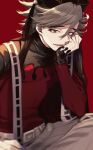  1boy absurdres belt brown_hair douma_(kimetsu_no_yaiba) green_eyes hand_on_own_face hat highres kimetsu_no_yaiba long_hair looking_at_viewer male_focus sitting smile yamada_chickenko 