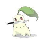  bright_pupils chikorita commentary glint highres knife looking_to_the_side milka_(milk4ppl) mouth_hold no_humans pokemon pokemon_(creature) red_eyes signature simple_background solo standing white_background white_pupils 