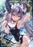  1girl ahoge arm_up black_choker black_swimsuit choker closed_mouth highres hololive horns la+_darknesss long_hair looking_at_viewer misekiss multicolored_hair one-piece_swimsuit purple_hair school_swimsuit silver_hair solo streaked_hair striped_horns swimsuit thighs very_long_hair virtual_youtuber wet yellow_eyes 