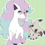  black_eyes closed_mouth commentary galarian_ponyta green_background grid_background kelvin-trainerk looking_down mimikyu no_humans outline pokemon pokemon_(creature) smile split_mouth 