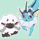  black_eyes commentary green_background grid_background kelvin-trainerk no_humans open_mouth outline pokemon pokemon_(creature) smile tongue vaporeon watermark wooloo 