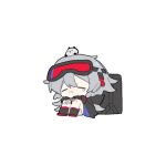  1girl arknights bandaid black_gloves boots chibi cloak dress gloves goggles goggles_on_head grey_eyes grey_hair hood hooded_cloak jacknife long_hair mulberry_(arknights) scraped_knee tears white_background white_dress 