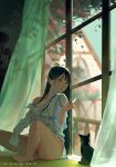  1girl artist_name bangs bare_legs barefoot black_hair cat collared_shirt commentary curtains dated falling_leaves highres leaf long_hair long_sleeves mmmilk no_pants off_shoulder original panties red_eyes shirt sitting solo underwear white_panties white_shirt window 