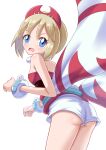  1girl arm_wrap ass blonde_hair hairband highres irida_(pokemon) jewelry neck_ring ossannoa pokemon pokemon_(game) pokemon_legends:_arceus red_hairband red_shirt shirt short_hair shorts simple_background solo strapless strapless_shirt waist_cape white_background white_shorts 