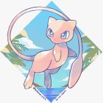  blue_eyes border clouds commentary_request day full_body highres kotone11152 looking_to_the_side mew no_humans pokemon pokemon_(creature) sky solo twitter_username water white_border 