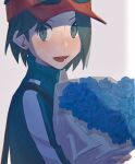  1boy :d asagiri_kogen black-framed_eyewear black_hair blue_flower blue_jacket blush bouquet calem_(pokemon) eyewear_on_headwear flower from_side grey_background grey_eyes hat highres jacket looking_at_viewer lower_teeth male_focus open_mouth pokemon pokemon_(game) pokemon_xy red_headwear short_hair smile solo sunglasses symbol-only_commentary teeth tongue turtleneck turtleneck_jacket 