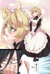  1boy 1girl ahoge alternate_costume animal_ears apron black_footwear black_hair blonde_hair blue_eyes blush bonnet brown_eyes cat_ears enmaided erich_von_rerugen glasses hair_between_eyes hal_(goshujinomocha) highres looking_at_viewer maid maid_apron mary_janes shoes sweatdrop tanya_degurechaff white_legwear youjo_senki 