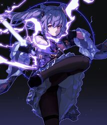  1girl 2049_(hh5566) bangs black_gloves black_panties brown_legwear circle detached_sleeves dress electricity feathers frilled_dress frills genshin_impact gloves gradient gradient_background hair_between_eyes hair_ornament hairpin holding holding_sword holding_weapon jaggy_lines keqing_(genshin_impact) leg_lift looking_to_the_side outline panties panties_under_pantyhose pantyhose pixel_art pose purple_background purple_dress purple_hair purple_outline purple_theme sleeveless sleeveless_dress solo sparkle standing standing_on_one_leg sword tassel tsurime twintails underwear upskirt violet_eyes weapon 