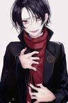  1boy black_hair bon_ika earrings hair_over_one_eye jewelry kashuu_kiyomitsu looking_at_viewer male_focus mole mole_under_mouth red_eyes red_nails side_ponytail smile touken_ranbu 