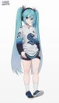  1girl black_footwear black_shorts blue_eyes blue_hair carlo_montie closed_mouth full_body hands_on_hips hatsune_miku headphones jersey long_hair long_sleeves looking_at_viewer shirt shoes short_shorts shorts simple_background sneakers socks solo twintails vocaloid white_background white_legwear white_shirt 