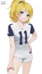  1girl absurdres artist_name ayase_eli baseball_uniform blonde_hair blue_eyes carlo_montie collarbone cowboy_shot hand_on_hip highres long_hair looking_at_viewer love_live! love_live!_school_idol_project parted_lips ponytail shirt short_shorts short_sleeves shorts simple_background smile solo sportswear white_background white_shirt white_shorts 