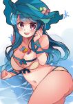  1girl ass bangs bikini blue_hair blush breasts flower haniyasushin_keiki hat hat_flower highres large_breasts long_hair looking_at_viewer lying magatama magatama_necklace meimei_(meimei89008309) navel on_side open_mouth smile solo swimsuit touhou violet_eyes white_bikini 