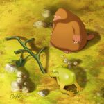  2others claws commentary_request crying day dutch_angle frog from_above grass hachiya_shohei highres looking_at_object mole multiple_others nature original outdoors personification tail 