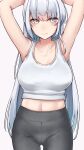  1girl arms_up black_pants blush breasts closed_mouth collarbone cowboy_shot eyebrows_visible_through_hair fuyutsuki_(kancolle) grey_eyes highres kantai_collection kiritto large_breasts long_hair navel pants silver_hair smile solo tank_top white_tank_top 