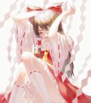  1girl ascot bangs bow brown_hair chinese_commentary closed_eyes commentary_request detached_sleeves feet_out_of_frame hair_bow hair_tubes hakurei_reimu hands_up highres long_hair long_sleeves miko_(15476997) red_bow red_shirt red_skirt shide shirt sitting skirt socks solo touhou white_background white_legwear wide_sleeves yellow_ascot 