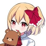  1girl blonde_hair blush bow eyebrows_visible_through_hair flandre_scarlet hair_between_eyes hair_bow looking_at_viewer no_hat no_headwear open_mouth red_bow red_eyes shirt short_hair simple_background solo stuffed_animal stuffed_toy teddy_bear touhou user_zpaf4388 vest white_background white_shirt 