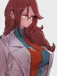  1girl android_21 black-framed_eyewear blue_eyes breasts checkered_clothes checkered_dress closed_mouth dragon_ball dragon_ball_fighterz dress earrings glasses grey_background hoop_earrings jewelry kemachiku labcoat large_breasts long_hair looking_away looking_to_the_side redhead simple_background solo upper_body 