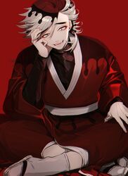  1boy absurdres brown_hair crossed_legs douma_(kimetsu_no_yaiba) hand_on_own_face highres japanese_clothes kimetsu_no_yaiba looking_at_viewer male_focus red_background sitting smile yamada_chickenko 