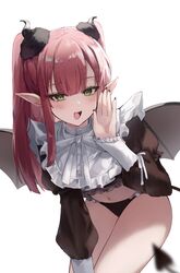  1girl :d absurdres bat_wings commentary demon_girl demon_tail eyebrows_visible_through_hair frills green_eyes highres hisiya_(wldn1112) horns juliet_sleeves long_hair long_sleeves looking_at_viewer navel open_mouth pointy_ears puffy_sleeves redhead rizu-kyun simple_background smile solo sono_bisque_doll_wa_koi_wo_suru tail twintails white_background wings 