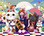  1girl :3 absurdres alternate_costume animal_ears apron bell black_cat black_dress blue_eyes branch calico cat cat_day cat_ears cat_tail checkered_floor closed_eyes clouds daruma_doll dress fingernails fish flower gold_coin grass highres japanese_clothes maneki-neko mount_fuji multiple_cats multiple_tails neck_bell on_floor original paw_pose paw_print pillow red_eyes red_nails redhead sharp_fingernails shirt sitting sitting_on_pillow slit_pupils ssm_a_u striped striped_shirt tail tassel two_tails whiskers white_cat yellow_eyes 