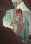  2boys abs asymmetrical_bangs bangs bare_pectorals blue_shirt blurry blurry_foreground bottle commentary_request drinking earrings eyebrows_visible_through_hair highres indoors jewelry jojo_no_kimyou_na_bouken kakyoin_noriaki kujo_jotaro long_sleeves looking_at_viewer male_focus medium_hair milk milk_bottle mmmilk multiple_boys muscular muscular_male navel open_clothes open_shirt parted_lips pectorals redhead shirt towel towel_around_neck 