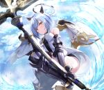  +_+ 1girl acchii_(akina) armored_boots azur_lane bare_shoulders black_dress black_footwear blue_hair boots cross detached_wings dress gascogne_(azur_lane) gauntlets headgear highres holding holding_cross knee_boots mechanical_halo mechanical_wings short_dress short_hair sleeveless sleeveless_dress solo strapless strapless_dress two-tone_dress white_dress wings yellow_eyes 