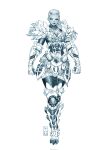  1girl armor basarios_(armor) boobplate clenched_hands dark-skinned_female dark_skin english_commentary faulds frills full_armor full_body gauntlets goss_harag_(armor) greaves highres knee_pads looking_to_the_side monochrome monster_hunter_(character) monster_hunter_(series) monster_hunter_rise pechan short_hair solo standing thigh-highs very_short_hair white_background 