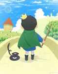  1boy absurdres artist_name barn bird black_footwear black_hair blue_shirt blurry bokeh bridge cape child clouds commentary_request creature crown depth_of_field deroops from_behind green_cape highres holding holding_stick male_focus ousama_ranking outdoors shadow sheep shirt sky solo stick tree white_legwear 