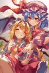  2girls absurdres ascot ayatsuki_sugure bat_wings blonde_hair blue_hair blush bow bowtie closed_eyes closed_mouth collared_shirt crystal eyebrows_visible_through_hair flandre_scarlet frilled_skirt frilled_sleeves frills grin hair_between_eyes happy hat hat_ribbon highres holding_hands hug hug_from_behind looking_at_another medium_hair mob_cap multiple_girls pink_headwear pink_shirt pointy_ears puffy_short_sleeves puffy_sleeves red_bow red_bowtie red_eyes red_ribbon red_skirt red_vest remilia_scarlet ribbon shirt short_hair short_sleeves siblings sisters skirt skirt_set smile teeth touhou twitter_username vest white_shirt wings wrist_cuffs yellow_ascot 