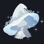  1girl black_background blue_eyes blue_hair chibi cloak closed_mouth colored_skin ddgood6 dress elden_ring fur_cloak grey_skin hat_over_one_eye highres light_smile looking_at_viewer medium_hair one_eye_covered ranni_the_witch simple_background smile solo sparkle white_dress 