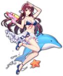  1girl animal artist_request bikini blue_footwear bow choker dolphin eyebrows_visible_through_hair finger_on_trigger game_cg hair_ornament holding holding_water_gun kujou_riu looking_at_viewer mahjong_soul navel official_art red_bow red_eyes redhead simple_background smile solo starfish swimsuit third-party_source transparent_background water water_gun yostar 