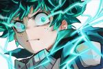  1boy absurdres bodysuit boku_no_hero_academia closed_mouth freckles fuyutsuki green_bodysuit green_eyes green_hair highres lightning male_focus mask mask_removed midoriya_izuku simple_background solo v-shaped_eyebrows white_background 