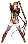  1girl armor brown_eyes brown_hair closed_mouth full_body japanese_clothes long_hair looking_at_viewer onimusha:_dawn_of_dreams sakamoto_mineji side_ponytail simple_background skirt smile solo thigh-highs weapon white_background yagyuu_juubei_(dawn_of_dreams) 