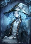  1girl blue_eyes blue_hair blue_skin cloak closed_mouth colored_skin cracked_skin dress elden_ring fur_cloak hat highres long_hair looking_at_viewer monkeyyan one_eye_closed ranni_the_witch sitting solo white_dress witch_hat 