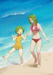  2girls aira_(grandia) barefoot beach breasts closed_mouth full_body grandia grandia_ii green_hair highres long_hair mother_and_daughter multiple_girls navel open_mouth short_hair smile squid_neetommy swimsuit water 