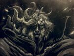  1boy andrea_guardino asymmetrical_horns closed_mouth elden_ring highres horns looking_at_viewer male_focus margit_the_fell_omen monochrome portrait robe signature solo yellow_theme 